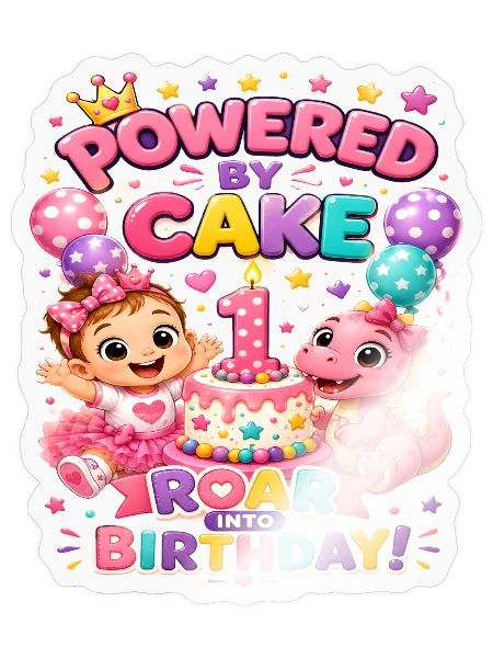 Powered_by_Cake_Dinosaur_1st_Birthday_Shirt Girls - Sticker - transparent glossy - Front