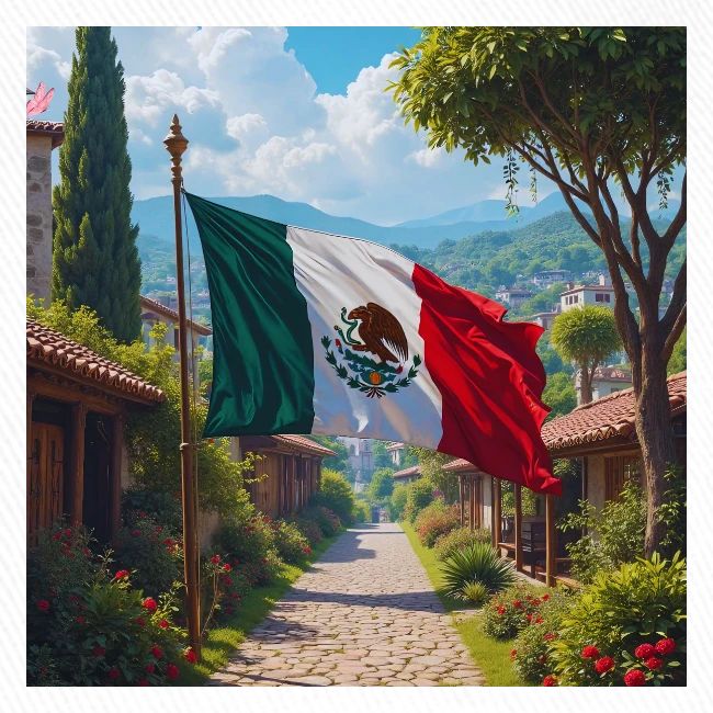Mexican flag surrounded by nature and magic town