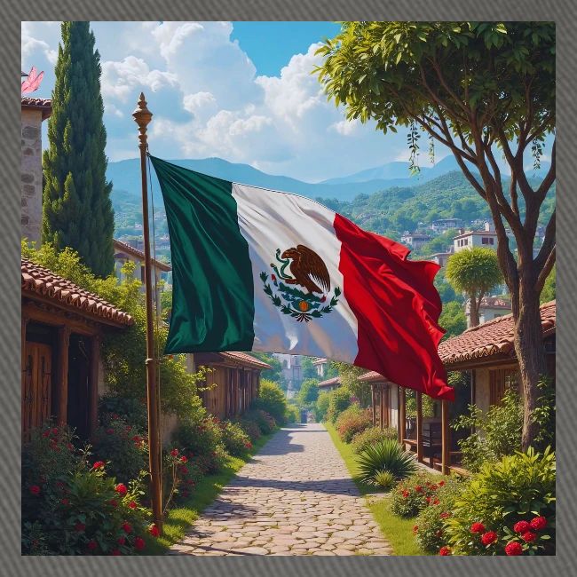 Mexican flag surrounded by nature and magic town