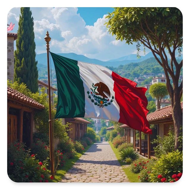 Mexican flag surrounded by nature and magic town