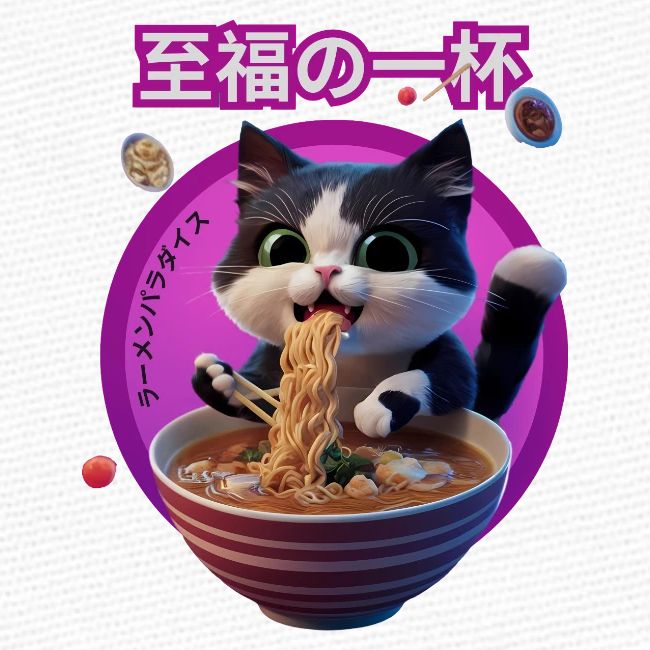 Cat Enjoying Ramen: Japanese Typography