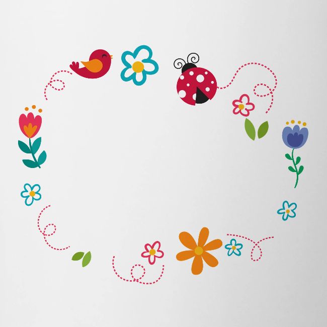 Cute oval frame with flowers, ladybug and birds
