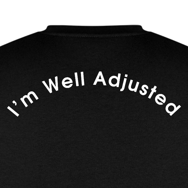 Flat product shot of the black I'm Well Adjusted Classic Shoulder Rainbow oversized crewneck sweatshirt