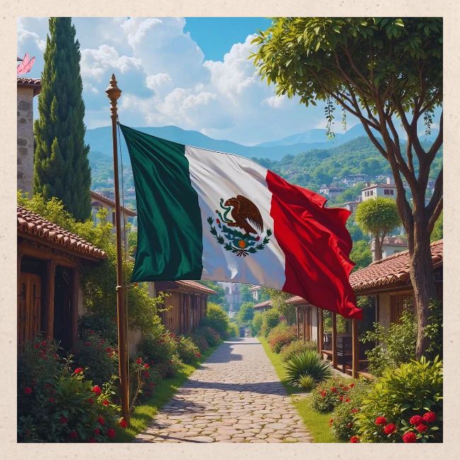 Mexican flag surrounded by nature and magic town