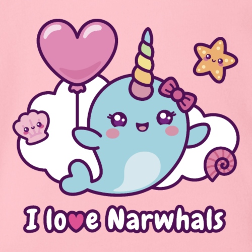 I Love Narwhals - Kawaii Unicorn Whale with Heart - Organic Short Sleeve Baby Bodysuit