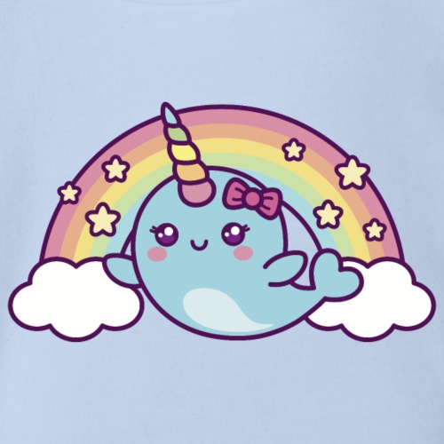 Kawaii Narwhal With Rainbow And Clouds - Organic Short Sleeve Baby Bodysuit