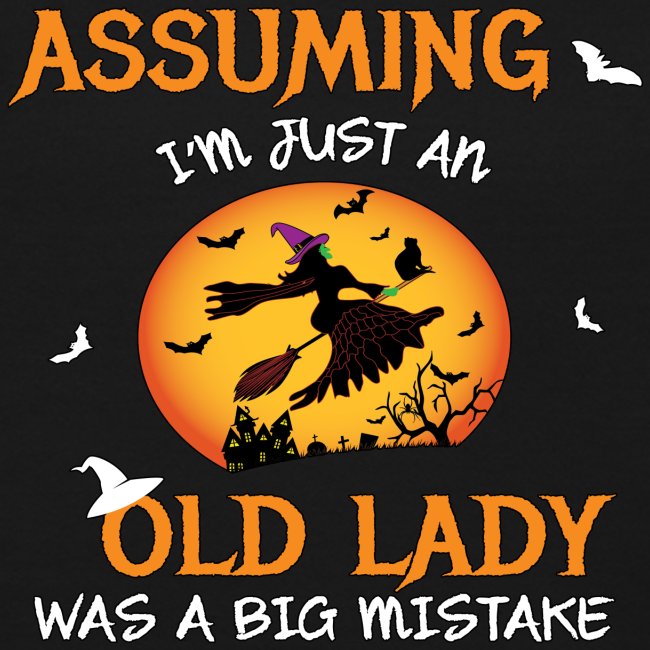Old Lady Witch Broomstick Black Cat Bats Spider.