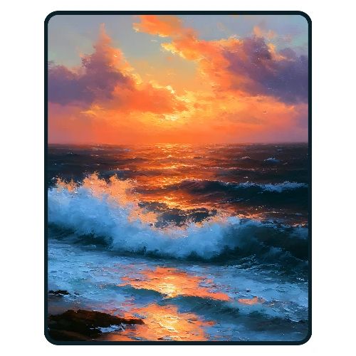Sunset Storm Waves Oil Painting - Men's Premium T-Shirt