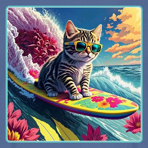 Kitten Surfing A Pink Flower Wave - Men's Premium T-Shirt