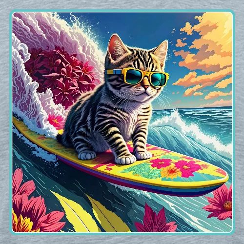 Kitten Surfing A Pink Flower Wave - Men's Premium T-Shirt