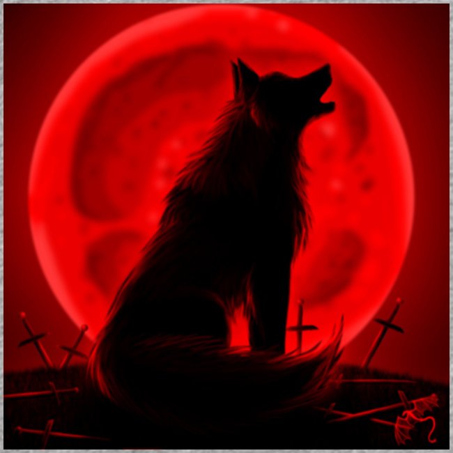 red and black wolf with daggers
