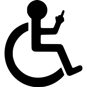 Wheelchair user showing the finger, fuck off, fun