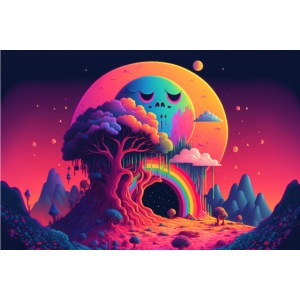 Sleepy Moon Over Forest Rainbow Portal