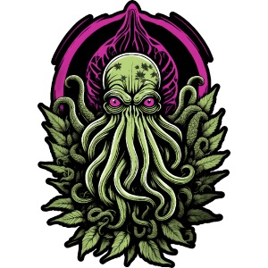 Colorful Cthulhu Tee with Marijuana Leaves