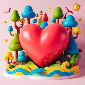 Big red heart, surrounded by landscape, nature