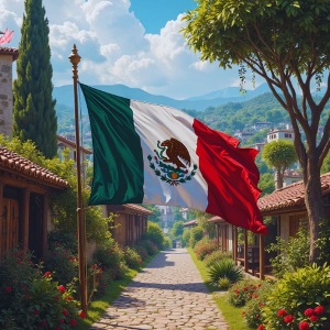 Mexican flag surrounded by nature and magic town