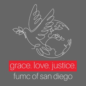 Grace. Love. Justice.- dove and earth graphic
