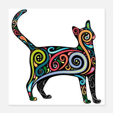 Lady Cat silhouette with colorful swirls - Poster