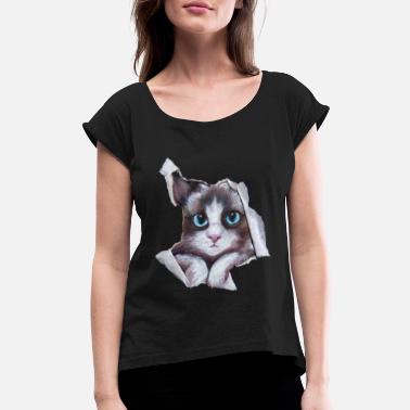 Blue Eyes Drawing Cat - Women&#39;s Rolled Sleeve T-Shirt
