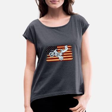 Dirt Motocross Dirt Bike USA American Flag - Women&#39;s Rolled Sleeve T-Shirt