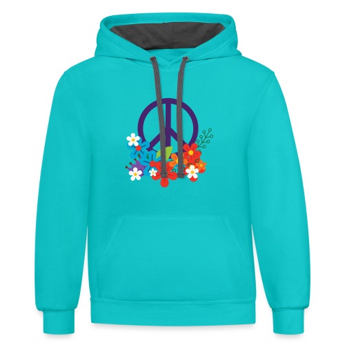 Hippie Peace Design With Flowers - Unisex Contrast Hoodie