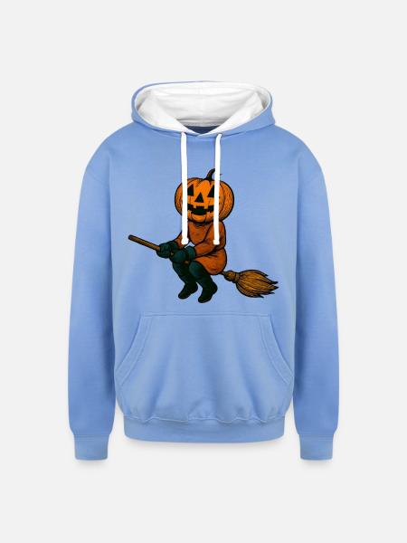 Pumpkinhead Witch on Broom - Unisex Contrast Hoodie - sky blue/white