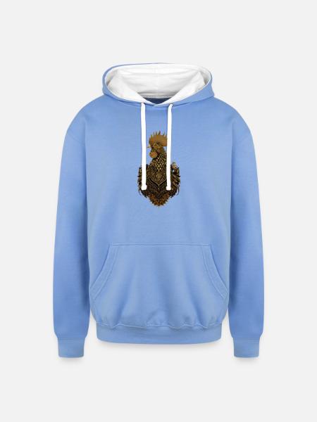 Golden ornate rooster art - Unisex Contrast Hoodie - sky blue/white