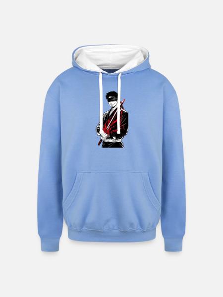 Crimson Blade: Blindfolded Samurai - Unisex Contrast Hoodie - sky blue/white