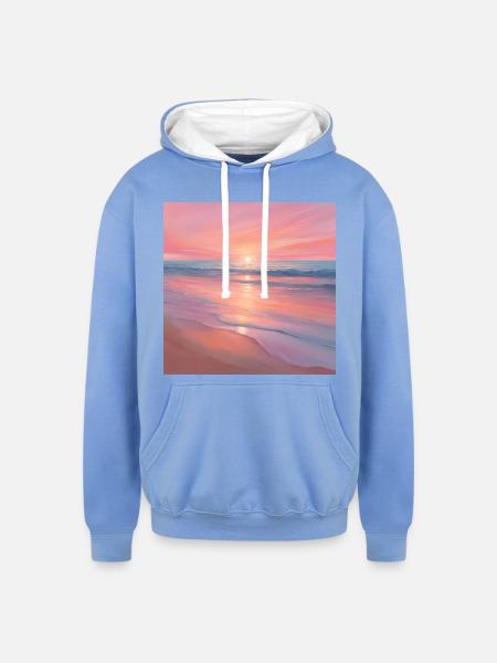 Pink Sunset Ocean Scene - Unisex Contrast Hoodie - sky blue/white