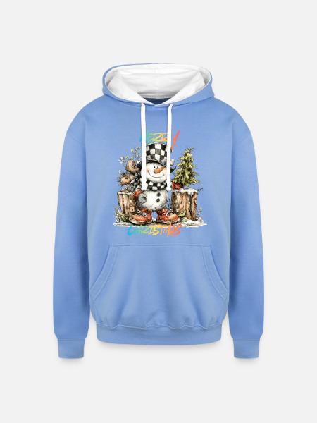 Checkerboard Snowman Christmas Tee - Unisex Contrast Hoodie - sky blue/white