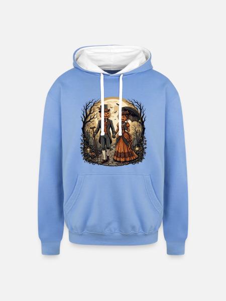 Moonlit Pumpkin Couple - Unisex Contrast Hoodie - sky blue/white