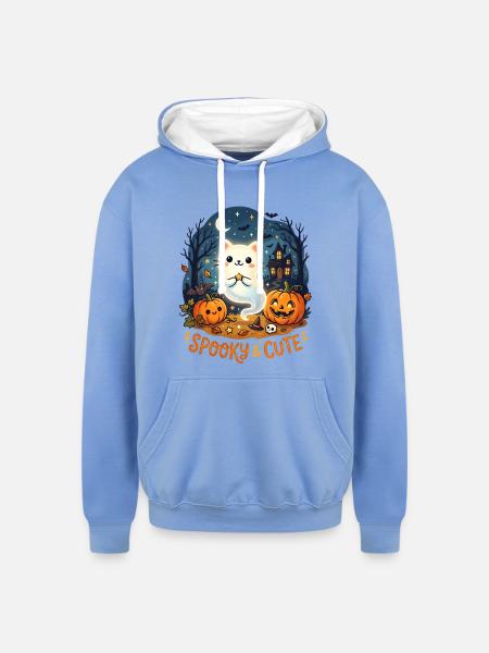 Spooky Cute Ghost Cat Halloween - Unisex Contrast Hoodie - sky blue/white