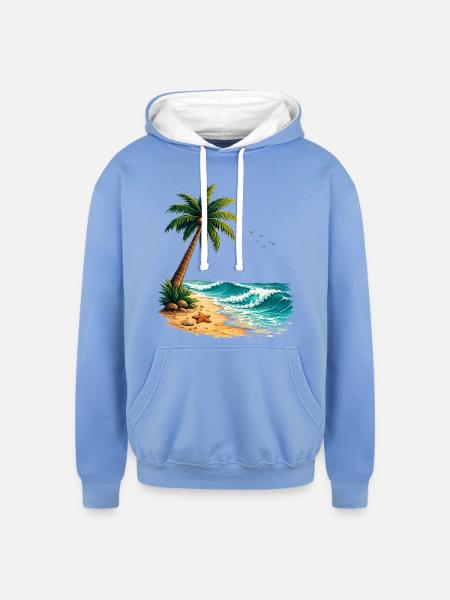 Tropical Palm Tree Beach Summer T-Shirt - Unisex Contrast Hoodie - sky blue/white