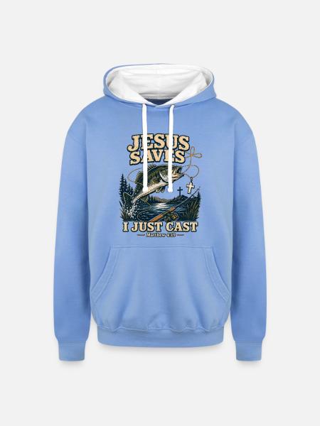 Jesus Saves I Just Cast Christian Fishing - Unisex Contrast Hoodie - sky blue/white