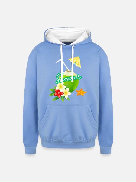 Tropical Summer Coconut with Flowers - Unisex Contrast Hoodie - sky blue/white