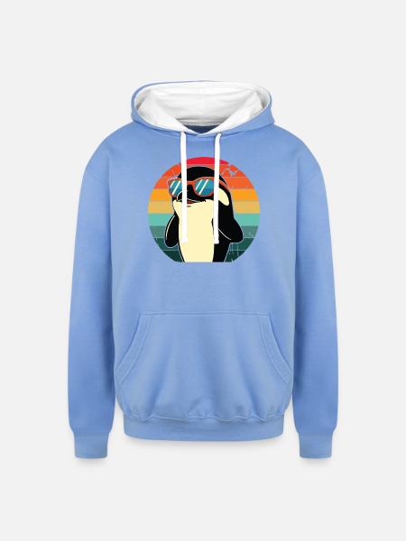 Penguin in Sunset Sunglasses - Unisex Contrast Hoodie - sky blue/white