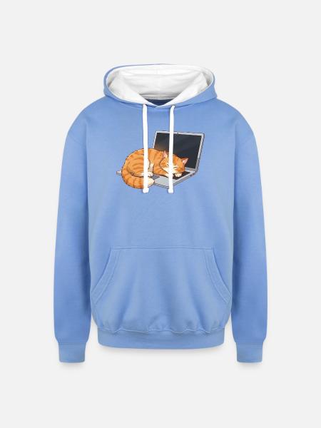 Cozy Tabby on Laptop - Unisex Contrast Hoodie - sky blue/white