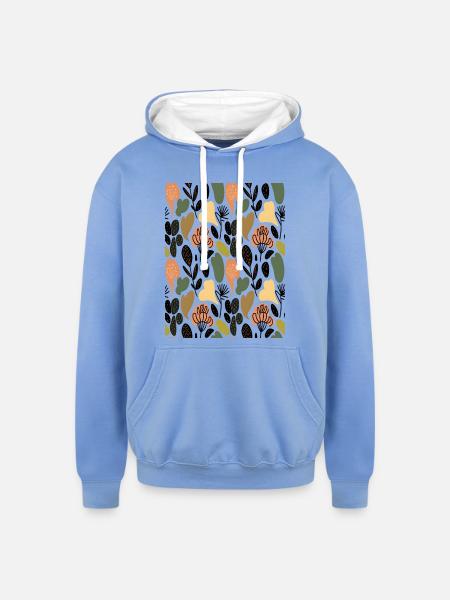 Rustic Botanical Floral Pattern - Unisex Contrast Hoodie - sky blue/white
