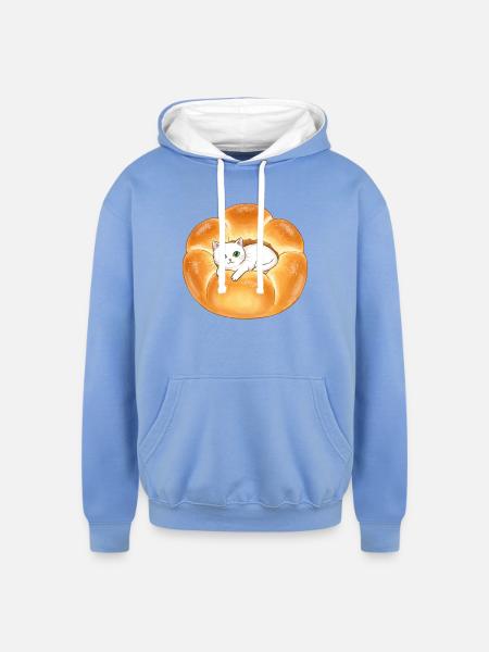 Whimsical Cat in Bread Illustration - Unisex Contrast Hoodie - sky blue/white