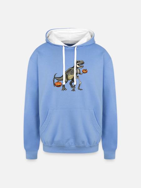 Dinosaur Skeleton Carving with Jack-o-Lantern - Unisex Contrast Hoodie - sky blue/white