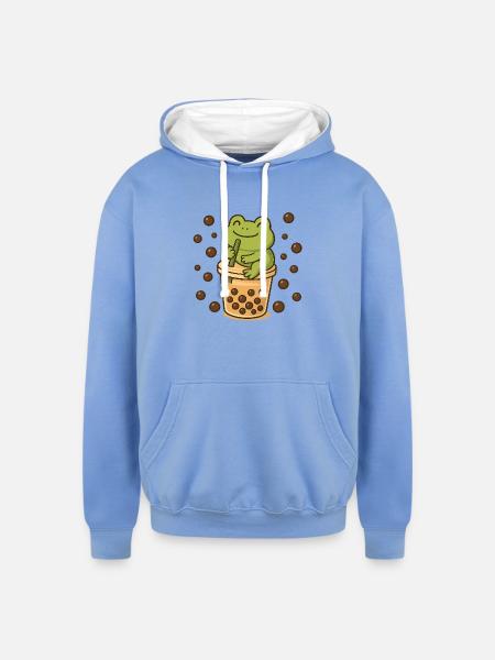 Frog Sipping Boba - Unisex Contrast Hoodie - sky blue/white