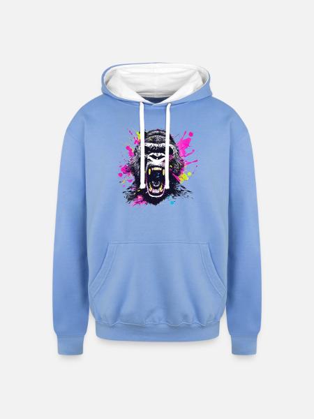 Neon Splash Gorilla Roar - Unisex Contrast Hoodie - sky blue/white