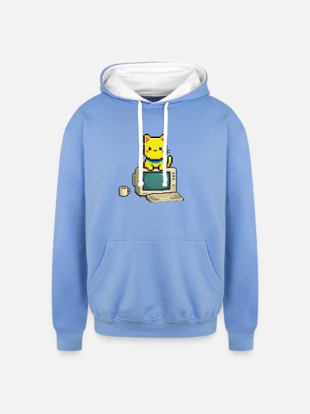 Pixel Cat on Retro Computer - Unisex Contrast Hoodie - sky blue/white