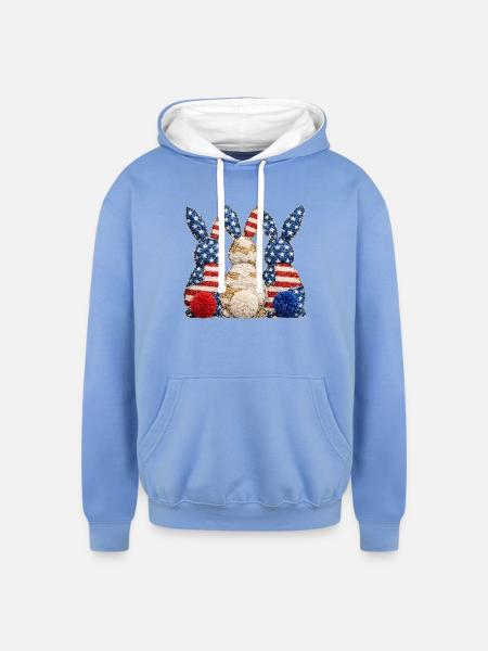 Patriotic Bunny Trio - Unisex Contrast Hoodie - sky blue/white