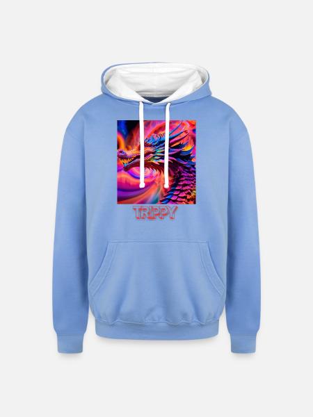 Trippy psychedelic fractal dragon - Unisex Contrast Hoodie - sky blue/white