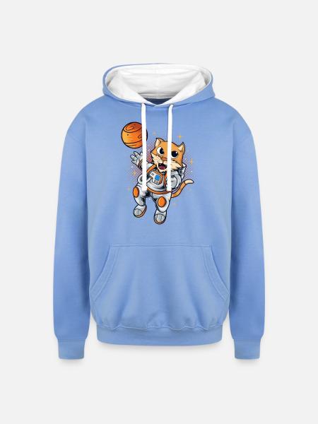 Cat Space Planet - Unisex Contrast Hoodie - sky blue/white