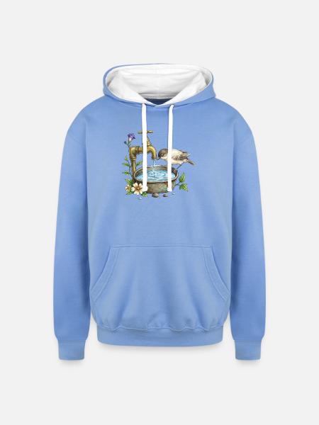 Bird at Rustic Tap Garden Watering - Unisex Contrast Hoodie - sky blue/white
