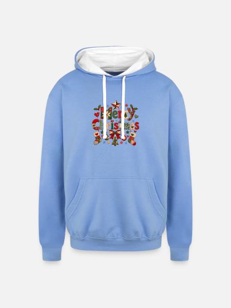 Merry Christmas Quilted Patchwork - Unisex Contrast Hoodie - sky blue/white