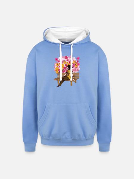 Floral Bloom Bench Serenity - Unisex Contrast Hoodie - sky blue/white