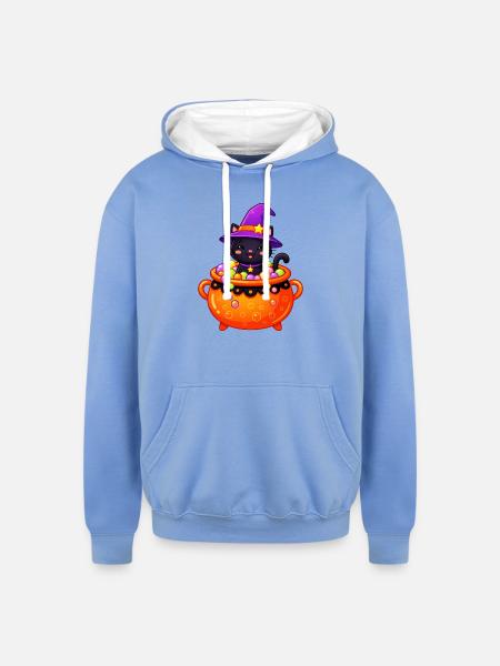 Whiskered Witch in Cauldron - Unisex Contrast Hoodie - sky blue/white
